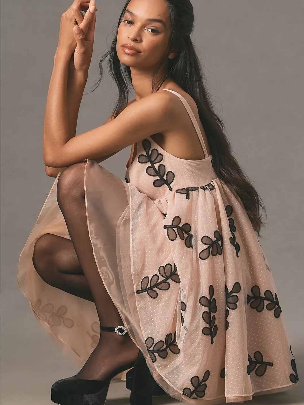 By Anthropologie Square-Neck Tulle Babydoll Mini Dress